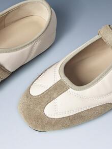 CUCCOO GRLICON 女士平底玛丽珍鞋，撞色麂皮拼接简约休闲平底鞋，机车风穿搭，适合酷女孩，春夏、度假、旅行皆宜，2000年代风格 - 杏色 - 查看 3