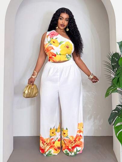 Slaydiva Spring/Summer New Arrival Vacation Sexy Beach Music Festival Party Bonfire Hotel Cruise Sunbathing Date Gathering Daily Wear Sleeveless One-Shoulder Cropped Top And Extra Long Wide Leg Pants, Floral Placement Print, Sheer Woven Fabric, Plus Size 2-Piece Set