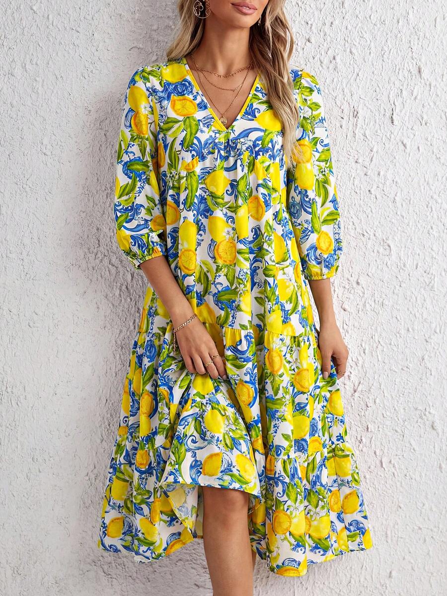 SHEIN Clasi Đầm chữ A cổ chữ V, viền bèo nhún, họa tiết chanh, thích hợp cho kỳ nghỉ. - Nhiều màu - Xem 1