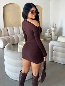 Dayanna Comas 长袖不对称褶饰修身休闲连衣裙，春秋装，棕色 - 咖啡棕 - 查看 2