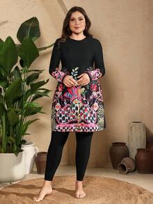 Swim Mulvari Plus Size Women Floral Print Patchwork Long Sleeve Top And Pants Casual Burkini Set - Multicolor - View 3