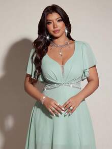 Viva Relle 大码女士优雅浪漫V领短袖飘逸连衣裙，春夏款 - 綠色 - 查看 4