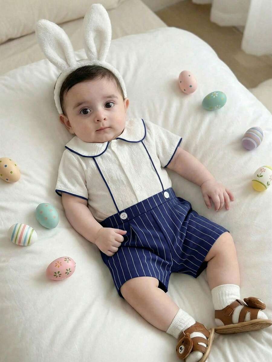 SHEIN Set de 2 piezas Ropa de niño bebé primavera/verano fresca y linda con rayas verdes, incluye camisa de manga corta con cuello y pantalones cortos verdes, adecuado para eventos elegantes, invitado de boda, paje, portador de anillos, boda, cumpleaños, bautizo y baby shower - Azul - Ver 1