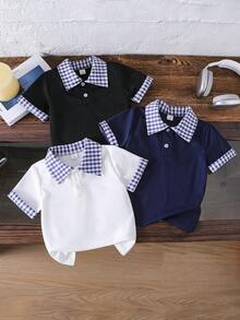3pcs Boys Toddler Polo Shirt Set, Plaid Collar Contrast Color Casual Polo Shirt, Knit Short Sleeve Top, Solid Color Minimalist Polo Shirt, Suitable For Summer - Multicolor - View 1