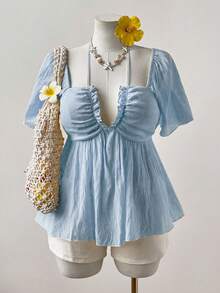 Sweetra Áo kiểu nữ mùa hè thanh lịch, gợi cảm, chất liệu vải dệt họa tiết, xếp ly sâu, tay phồng, dây đeo vai, thắt eo kiểu Boho. - Màu xanh lam - Xem 5