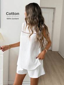 Easowa 100%纯棉圆领蕾丝拼接无袖衬衫搭配松紧腰阔腿短裤，A字休闲宽松优雅通勤度假套装，女士春夏款 - 白色 - 查看 4