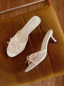 女士网眼透气露趾高跟凉鞋，优雅蝴蝶结细跟拖鞋，百搭夏季新品 - 杏色 - 查看 1