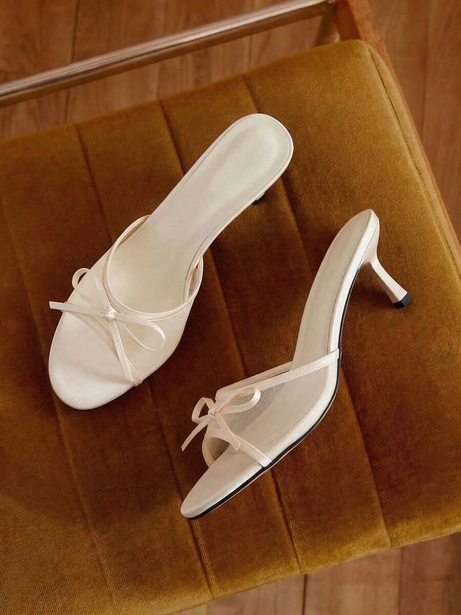 女士网眼透气露趾高跟凉鞋，优雅蝴蝶结细跟拖鞋，百搭夏季新品 - 杏色 - 查看 1