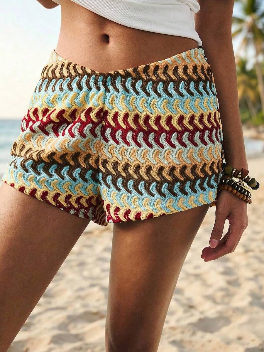 Breezaya Women's Casual Patchwork Crochet Shorts,Blue And Yellow Boho Pattern,Summer Holiday Beach Bathing Suit Swim Shorts,Tummy Control Board Shorts Outfits - Multicolor - View 1