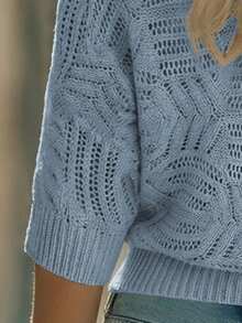 Balvessa 四季新款宽松圆领插肩袖罗纹袖口和下摆镂空图案休闲女式套头毛衣 - 霧霾藍 - 查看 5