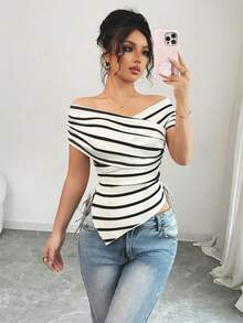 Rafferiza Áo thun nữ tay ngắn trễ vai, kiểu dáng thường ngày, thích hợp mặc đi làm, mùa hè. - Đen và trắng - Xem 3