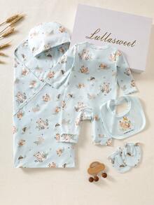 SHEIN Bộ quà tặng quần áo trẻ sơ sinh, bộ đồ sơ sinh mùa xuân/hè, bộ áo liền quần cho trẻ sơ sinh, quà tặng mừng em bé chào đời. - Màu xanh nhạt - Xem 2