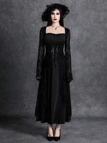 Glisette Retro Dark-Toned Flocked Mesh Flare Sleeve Fitted Mid-Length Dress For Women - Black - View 5