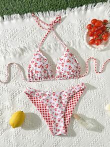 Swim Mod Bộ bikini hai mảnh mùa hè mới về dành cho nữ, áo và quần bikini tam giác buộc dây cổ, họa tiết hoa và kẻ caro ngẫu nhiên, đồ bơi đi biển. - Nhiều màu - Xem 6