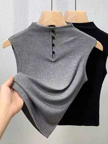 Franclia Áo thun cổ cao dáng rộng không tay, chất liệu gân, kiểu dáng tối giản, retro, ôm dáng. - Xám - Xem 7