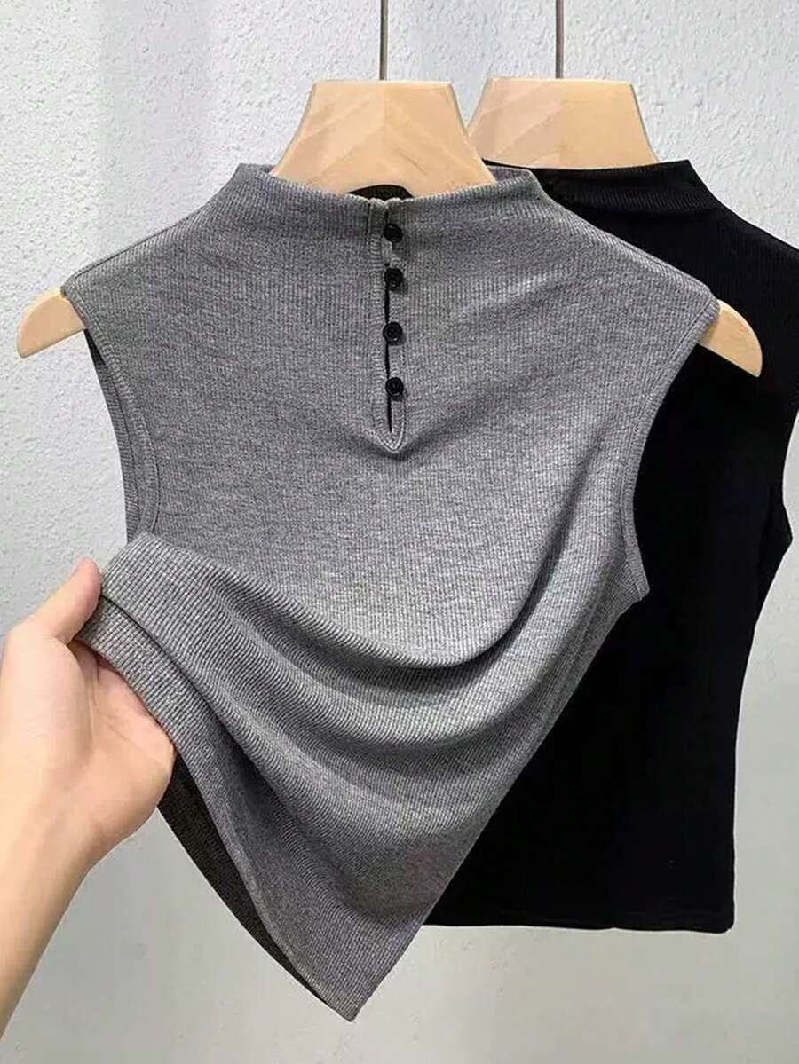 Franclia Ribbed Minimalist Retro Slimming High Neck Button Loose Sleeveless Top - Grey - View 1