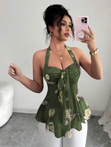 SHEIN Elenzya 女士夏季吊带束腰休闲度假印花弹力网纱透视性感露肩吊带衫 - 綠色 - 查看 1