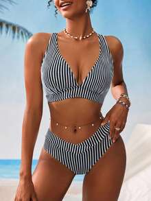 Swim Vcay 女士V领条纹纹理背心式泳衣套装 - 黑與白 - 查看 3