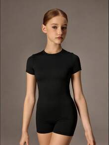 SHEIN Girls' Casual Vacation Black Short Sleeve Jumpsuit, Summer Outfits, Soft & Fashionable Design, Versatile For Sports, Fitness, Outdoor, Campus, Daily Wear - Black - View 4