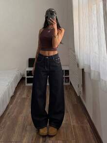 Muchica Women's Pocket Button Casual Versatile Daily Wear Wide Leg Jeans - Black - View 3