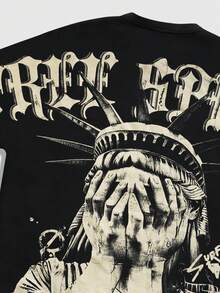 ROMWE MEN Street Life Men's Street Style Batwing Sleeve Graphic T-Shirt, Suitable For Everyday Wear, Spring/Summer - Black - View 6