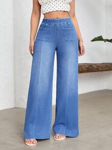 Flexra 女士弹力腰双口袋阔腿宽松休闲牛仔裤 - 藍色 - 查看 4