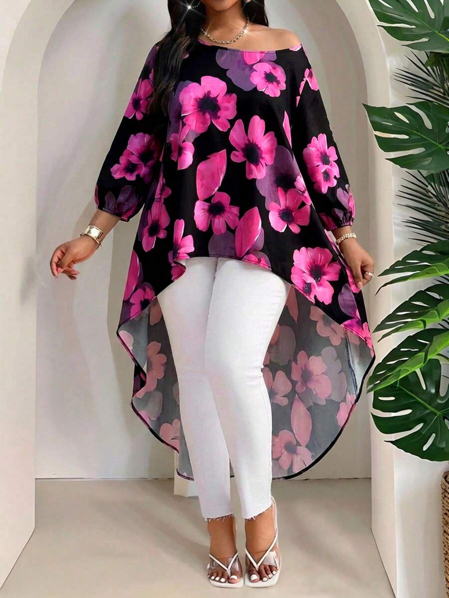 SHEIN Lady 2026春夏新款优雅通勤办公休闲波西米亚风彩色编织圆领高低摆七分袖大码T恤 大码衬衫 波西米亚风上衣 工作上衣 海滩度假优雅女式上衣 波西米亚风大碎花海滨度假 - 彩色 - 查看 1