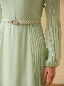 ZEYLAH Belted Patchwork Pleated Long Dress, Spring/Summer - Green - View 2