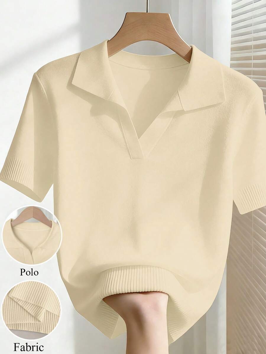 Franclia Blusa de punto ajustada de unicolor con cuello vuelto, manga corta raglán para mujer, primavera/verano - Albaricoque - Ver 1