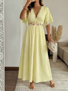 SHEIN Clasi 大码女式撞色蕾丝花卉图案优雅连衣裙 - 黃色 - 查看 4