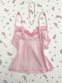 Elamini 粉色撞色蕾丝珍珠蝴蝶结装饰吊带背心，露背修身女式吊带衫，甜美可爱，优雅大方，适合春夏穿着，可用于上学、约会、购物、日常穿着。 - 粉色 - 查看 2