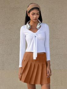 SHEIN Unity Women's Solid Color Pleated Mini Skirt, Collegiate Style - Brown - View 3