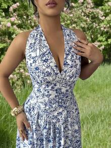 Selianne Boho Sleeveless Halter Tie Back A Line Flared Dress For Women With Blue Plants Pattern Fabric - Blue - View 5
