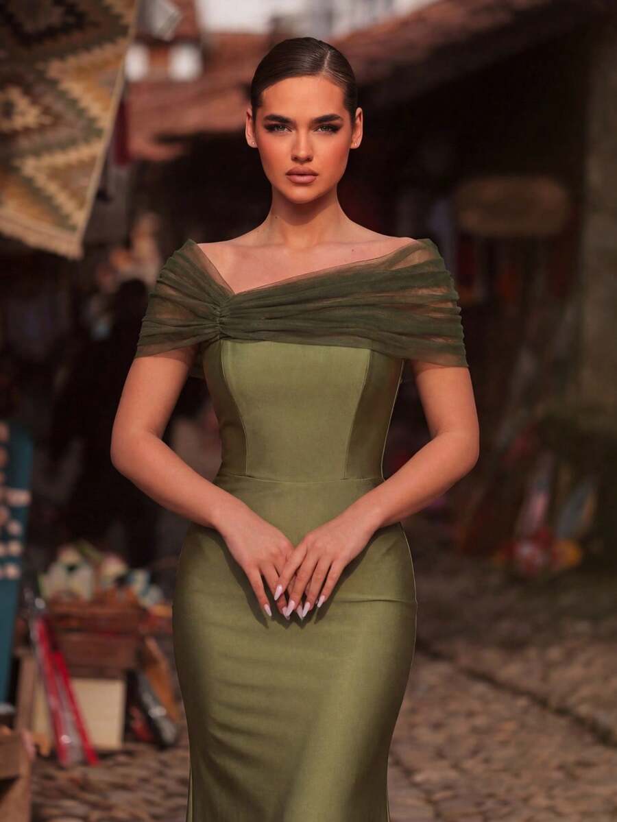 Aureia 优雅浪漫时尚的绿色弹力网纱拼接褶皱鱼尾裙摆礼服，适合派对、婚礼宾客、绿色礼服以及时尚优雅的伴娘礼服。