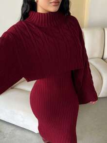 Dayanna Comas 2 件套女式休闲针织毛衣上衣和长裙套装，宽松高领长袖短款上衣和裙子，秋冬 - 紅色 - 查看 3