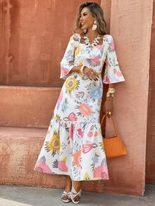 Selianne 休闲度假风女式方领连衣裙，夏季碎花印花，弹力修身剪裁，荷叶边泡泡袖。时尚休闲优雅连衣裙。适合外出、度假、日常聚会和各种场合。 - 彩色 - 查看 3