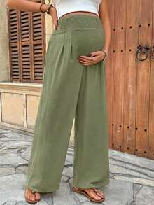 SHEIN Maternity Solid Color Waist Drawstring Loose Wide Leg Pants - Green - View 4