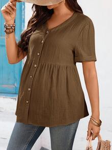SHEIN Maternity Solid Color Minimalist Casual Short Sleeve Shirt - Coffee Brown - View 7