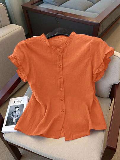 Resyla Women's Solid Color Frill Trim Single-Breasted Casual Shirt