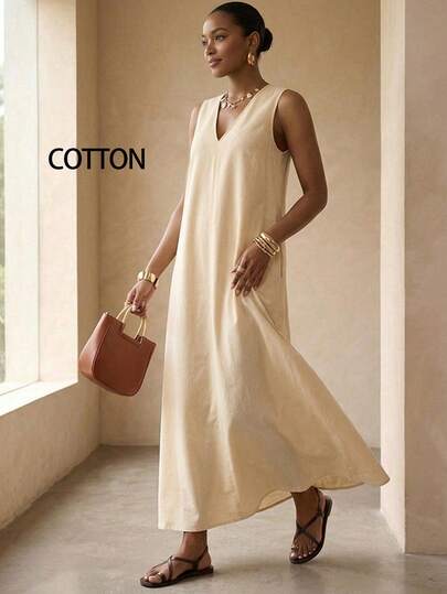 BamGleam Women's V-Neck Sleeveless Bamboo Fiber Woven Loose A-Line Silhouette Fashionable Elegant Casual Vacation Dress