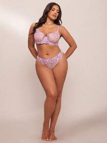SHEIN BAE 2pcs/Set Women Plus Size Pink Lingerie Set, Lift - Purple - View 5