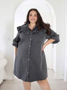 Pretty and Ole Plus Size Women Long Sleeve Single-Breasted Ruffle Patchwork Casual Denim Dress - Black - View 5