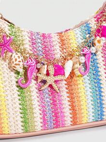 ROMWE Fairycore 1Pccolorful Dopamine Resort Style Starfish Shell Decor Straw Bag, Tropical Island Beach Bag, Suitable For Spring And Summer Travel Vacation Outfit - Color B - View 8