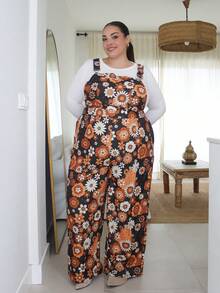Pretty and Ole Plus Size Autumn/Winter Floral Print Elastic Waist Criss-Cross Jumpsuit, Elegant For Vacation, Date, Party And Casual Wear - Multicolor - View 1