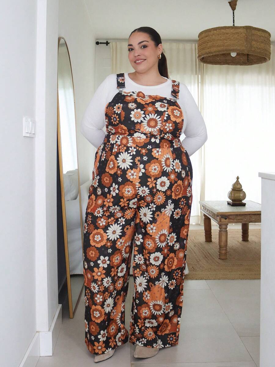 Pretty and Ole Plus Size Autumn/Winter Floral Print Elastic Waist Criss-Cross Jumpsuit, Elegant For Vacation, Date, Party And Casual Wear - Multicolor - View 1