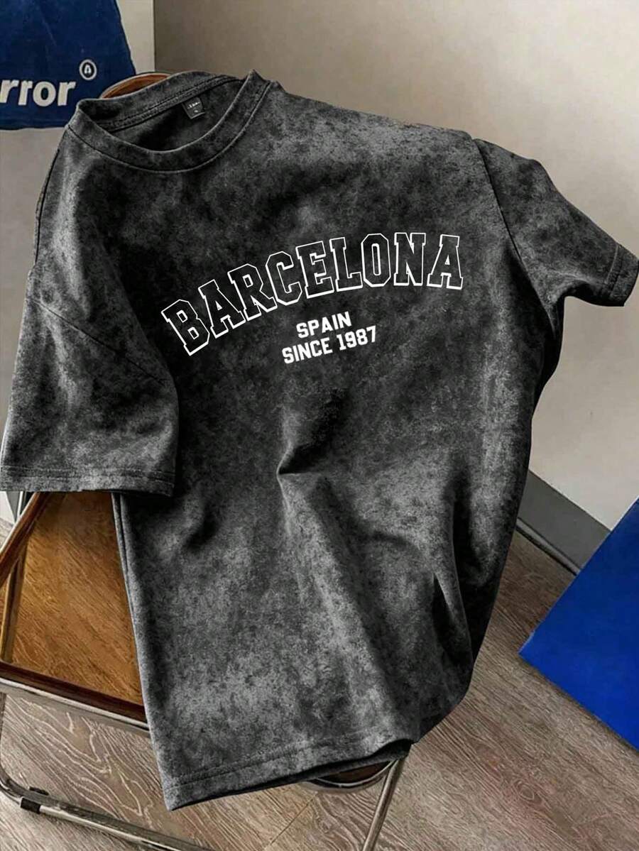 Manfinity Joysei Áo thun nam tay ngắn in chữ "Spain, Barcelona", chất liệu vải mài, thích hợp mặc hàng ngày, kiểu dáng tối giản. - màu đen - Xem 1