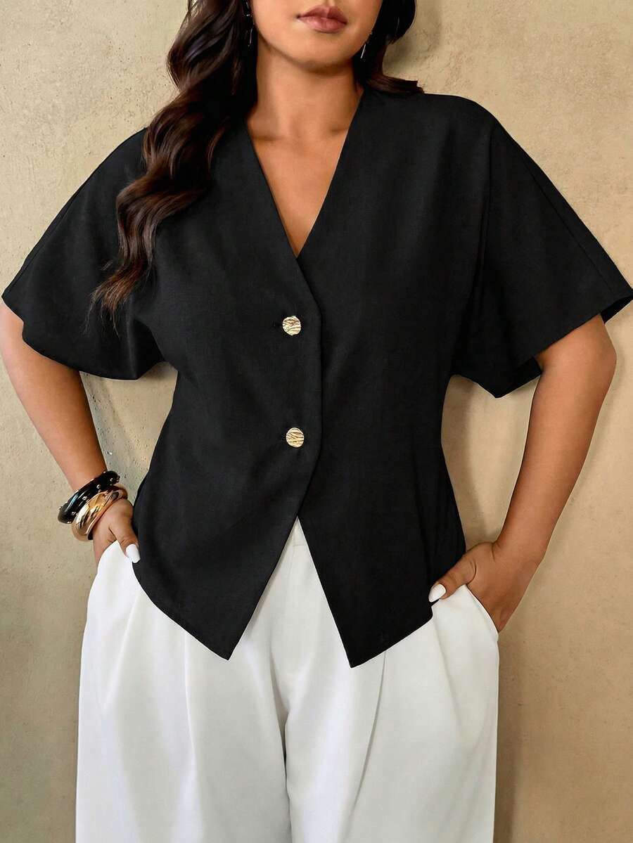 Auralis Plus Size Summer Casual Solid Color Batwing Sleeve Shirt
