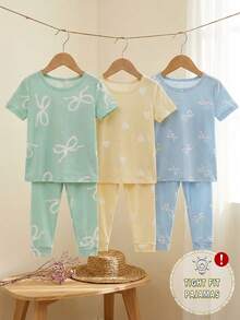 Genkimix Kids 6件套女童短袖修身睡衣套装，饰有蝴蝶结和爱心图案，弹性面料，可机洗，穿着舒适，3套单独出售。 - 彩色 - 查看 3