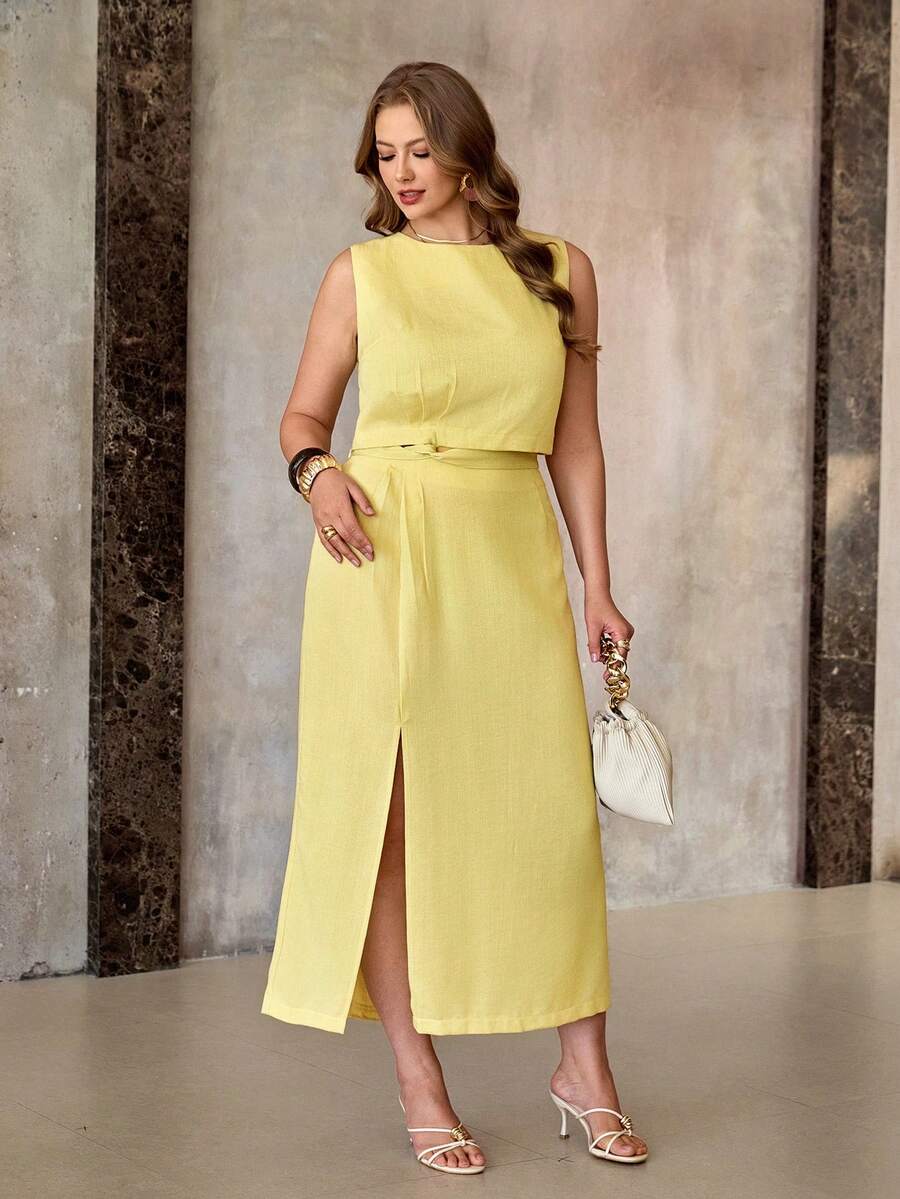 Roveilla Completo elegante da donna in stile lino-bambù con top senza maniche e gonna lunga, adatto per lavoro, casual, vacanza, tè pomeridiano, abito Filipiniana moderno color giallo pallido per eventi e occasioni speciali. Abito estivo coordinato elegante color limoncello per le donne. - Giallo chiaro - Visualizzare 1