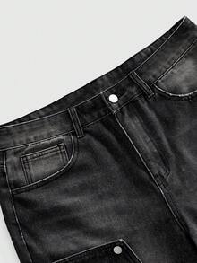 ROMWE MEN Street Life Men's Rhinestone Decorated Denim Bermuda Shorts - Black - View 3